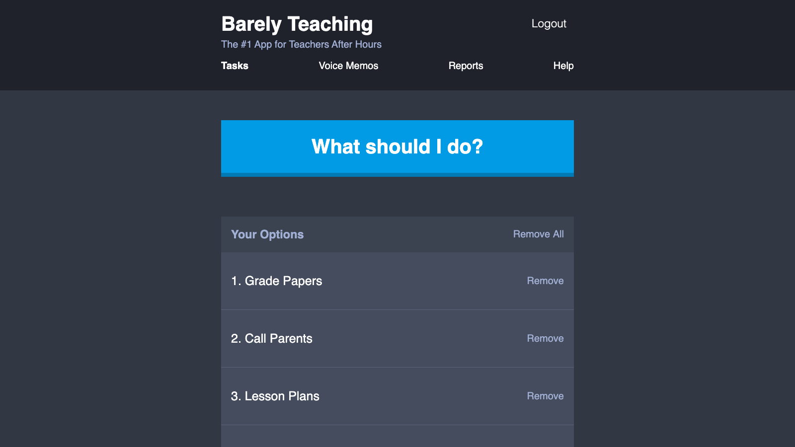 Sceenshot of Barely Teaching tasks page